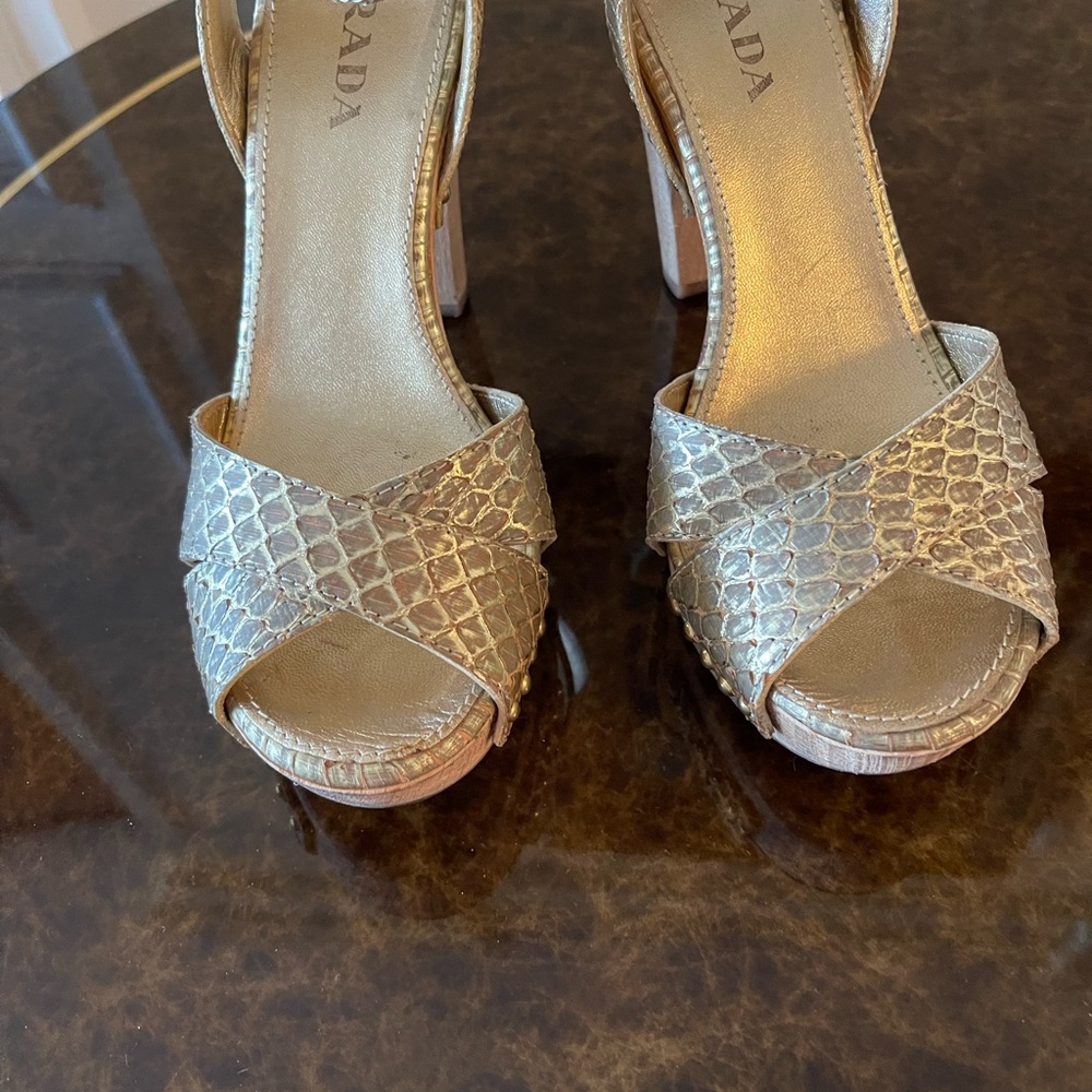 Prada ankle strap metallic platform sandals